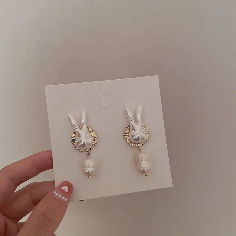 Easter Bunny Pearl Earrings 925 Silver Fashion Classy Dangle Womens Holiday Basket Gift Cute Funny Rabbit Stud