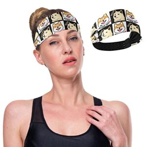 Unisex Workout Headbands Black-Grid-Shiba-Inu-Doge Elastic Yoga Sweatband Stretchy Sports Hairband