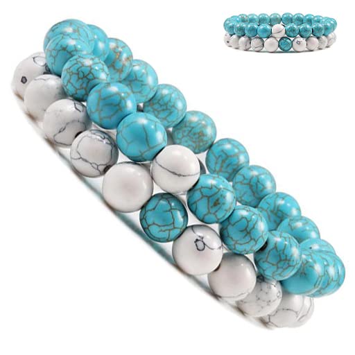 Alex & Sisters Distance Couples Beaded Bracelet Set Tiger Eye Stone Beaded Yoga Bracelets for Men and Women Elastic Rope Jewelry (white+turquoise)