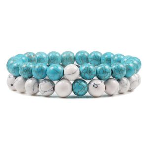 Alex & Sisters Distance Couples Beaded Bracelet Set Tiger Eye Stone Beaded Yoga Bracelets for Men and Women Elastic Rope Jewelry (white+turquoise)