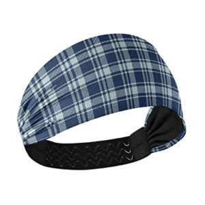 unisex workout headbands dusty-blue-navy-plaid elastic yoga sweatband stretchy sports hairband