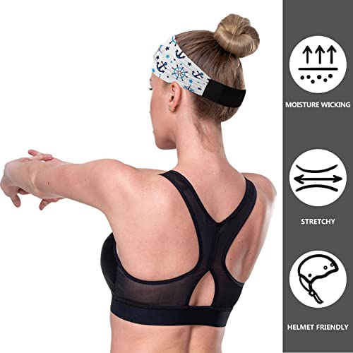 Unisex Workout Headbands Blue-sea-Navy-Anchor Elastic Yoga Sweatband Stretchy Sports Hairband