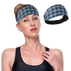 Unisex Workout Headbands Dusty-Blue-Navy-Plaid Elastic Yoga Sweatband Stretchy Sports Hairband