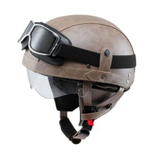 dot approved motorcycle half helmet, open face leather helmet, with goggles, scooter moped chopper electric bicycle atv retro helmet, suitable for all seasons, for adults unisex youth-b-small