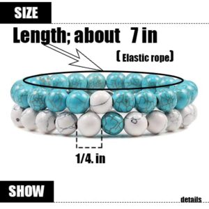 Alex & Sisters Distance Couples Beaded Bracelet Set Tiger Eye Stone Beaded Yoga Bracelets for Men and Women Elastic Rope Jewelry (white+turquoise)