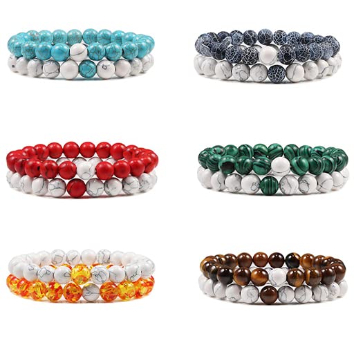 Alex & Sisters Distance Couples Beaded Bracelet Set Tiger Eye Stone Beaded Yoga Bracelets for Men and Women Elastic Rope Jewelry (white+turquoise)