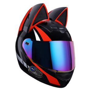 modular bluetooth motocross couple helmet personalized cool cat ear flip up electric motorcycle full face helmets with visor, dot certified adult men women racing crash atv street helmet -f-large