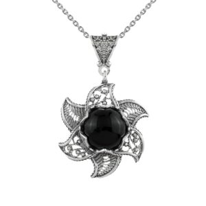 Filigranist 925 Sterling Silver Filigree Art 3D Lotus Flower Women Pendant Necklace with Gemstones (Black Onyx)