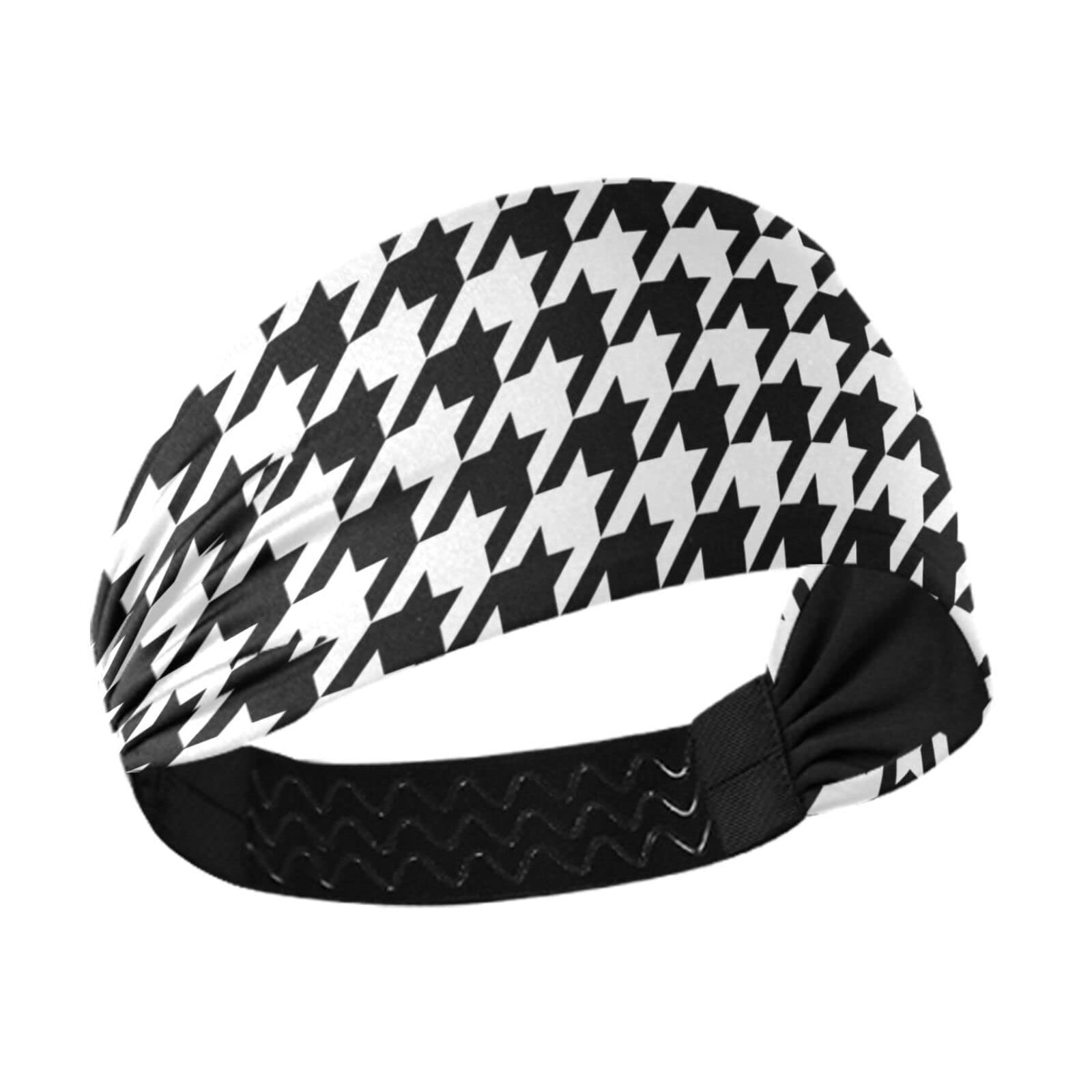 Unisex Workout Headbands Houndstooth-Tartan-Black-White Elastic Yoga Sweatband Stretchy Sports Hairband