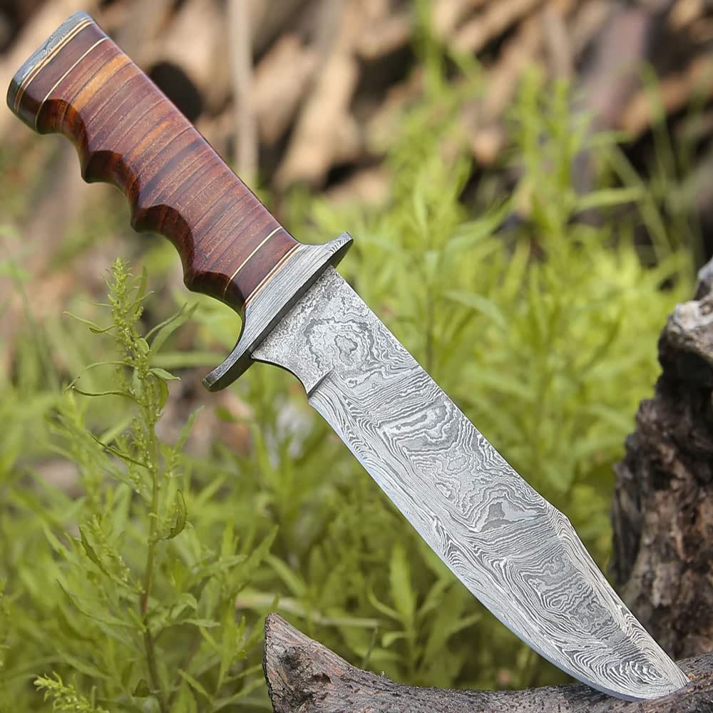 DAMASCUS HUNTING KNIFE, Bowie knife, Engraved knife, Personalized Gift for Him, Survival knife, Stacked Leather Handle