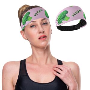 Unisex Workout Headbands Broccoli-Vegan-Green-Pink Elastic Yoga Sweatband Stretchy Sports Hairband