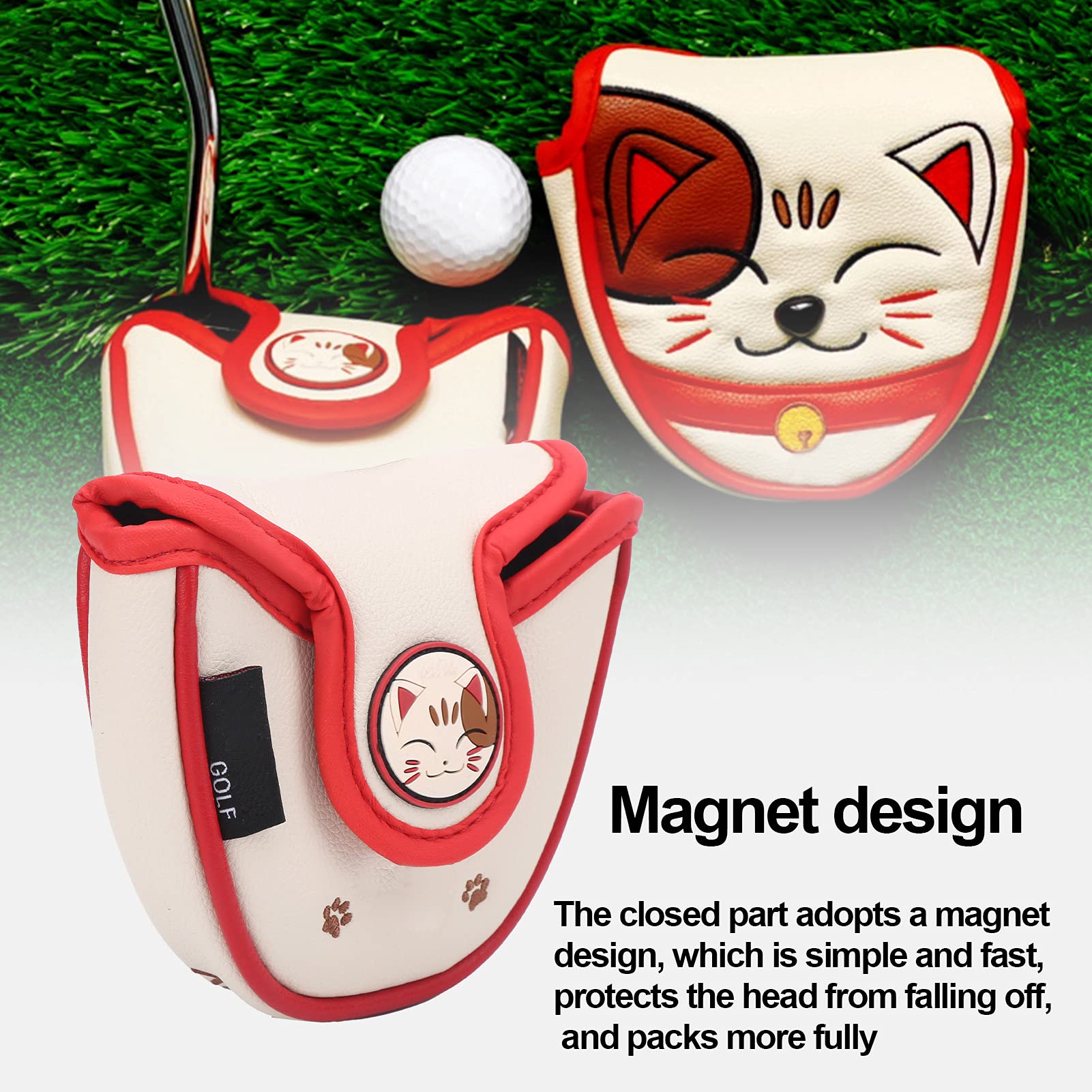 TYTOGE Center Shaft Putter Cover, Lucky Cat Waterproof Mallet Head Cover Center Putter Headcover Guard Protector