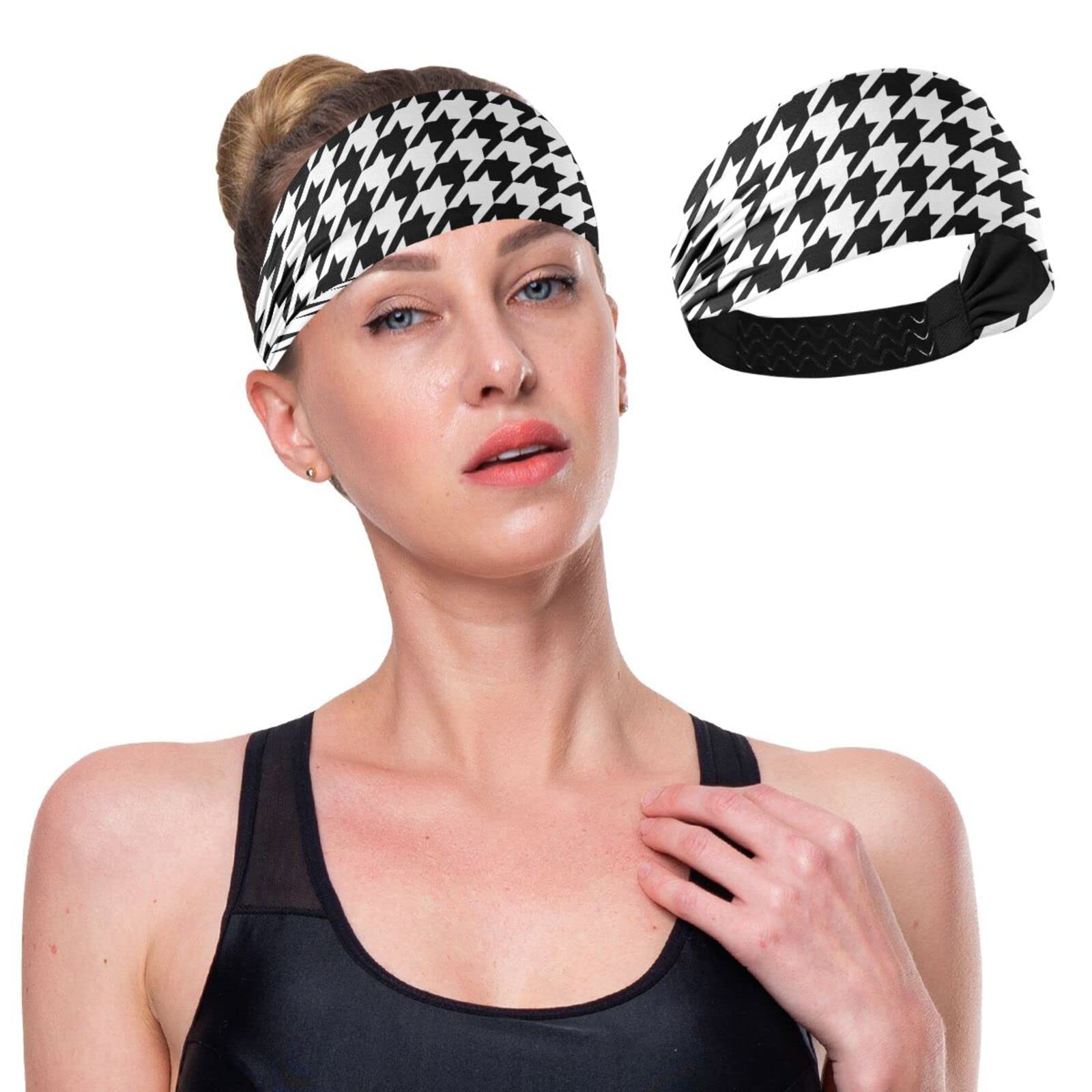 Unisex Workout Headbands Houndstooth-Tartan-Black-White Elastic Yoga Sweatband Stretchy Sports Hairband