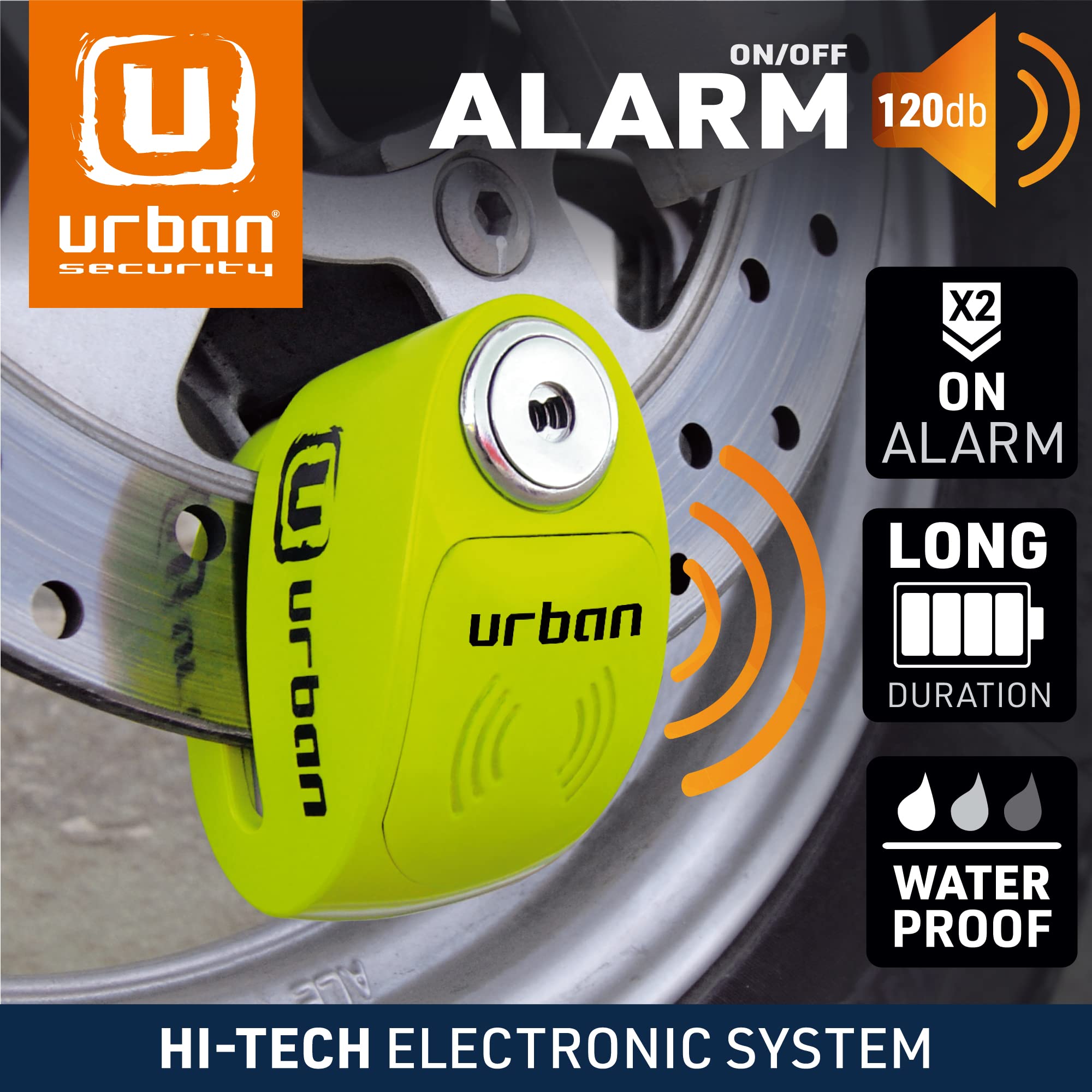 Urban Security Bundle UR140 Motorcycle Helmet Lock & UR906X Hi-Tech Alarm Disc Lock 120dB ON/OFF, Replaceable Module, High-End Waterproof, Longlife Battery, Reminder Cable, Motorbikes, Bicycles, E Bik