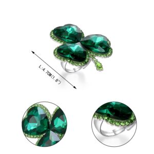 EVER FAITH St. Patrick's Day Three Leaf Clover Statement Ring, Sparkle Heart Shaped Crystal Lucky Green Leaf Adjustable Ring, Irish Holiday Jewelry Gift for Women