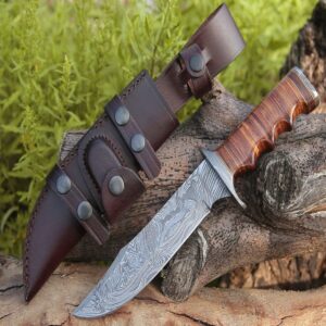 damascus hunting knife, bowie knife, engraved knife, personalized gift for him, survival knife, stacked leather handle