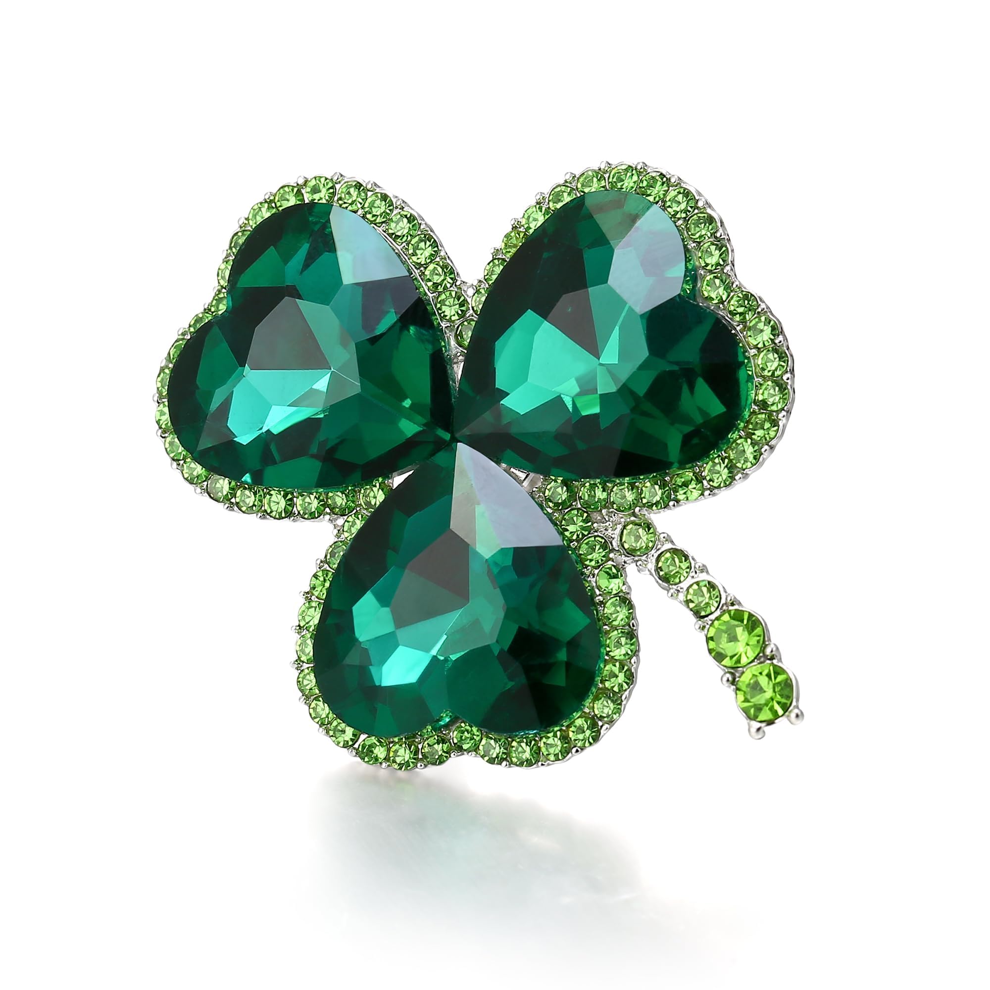 EVER FAITH St. Patrick's Day Three Leaf Clover Statement Ring, Sparkle Heart Shaped Crystal Lucky Green Leaf Adjustable Ring, Irish Holiday Jewelry Gift for Women