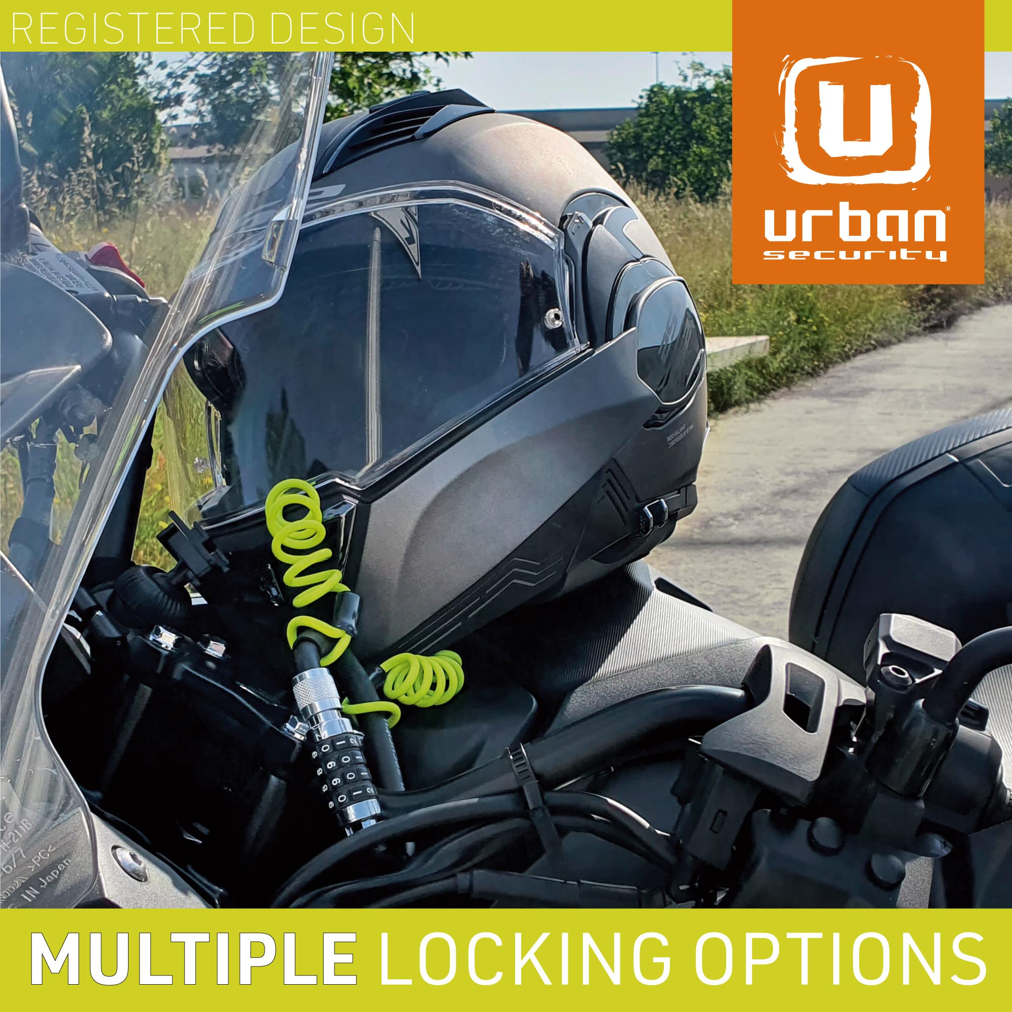 Urban Security Bundle UR140 Motorcycle Helmet Lock & UR906X Hi-Tech Alarm Disc Lock 120dB ON/OFF, Replaceable Module, High-End Waterproof, Longlife Battery, Reminder Cable, Motorbikes, Bicycles, E Bik