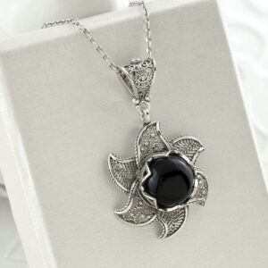 Filigranist 925 Sterling Silver Filigree Art 3D Lotus Flower Women Pendant Necklace with Gemstones (Black Onyx)