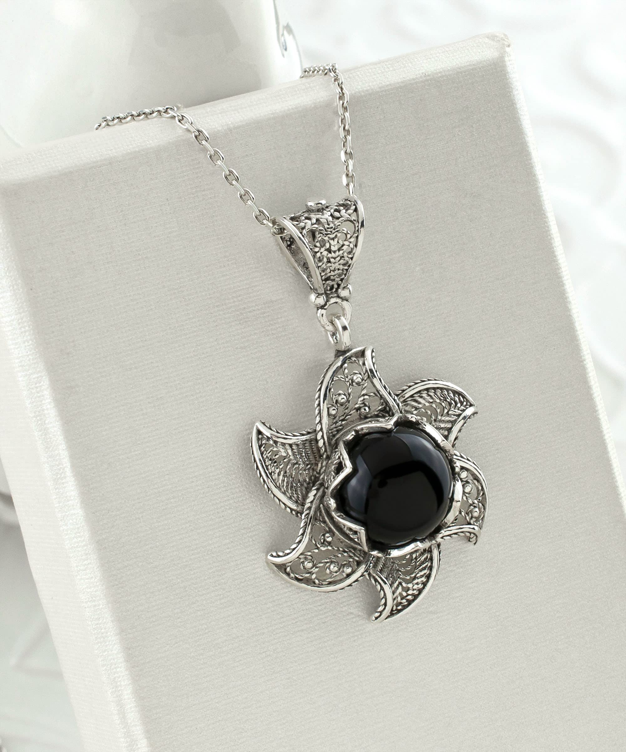 Filigranist 925 Sterling Silver Filigree Art 3D Lotus Flower Women Pendant Necklace with Gemstones (Black Onyx)