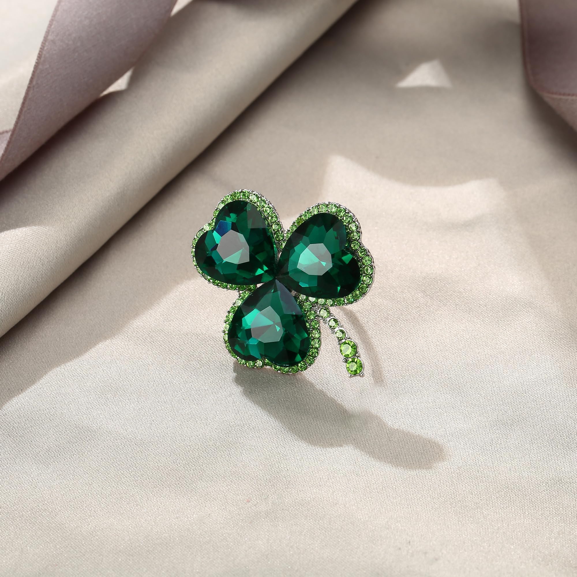 EVER FAITH St. Patrick's Day Three Leaf Clover Statement Ring, Sparkle Heart Shaped Crystal Lucky Green Leaf Adjustable Ring, Irish Holiday Jewelry Gift for Women