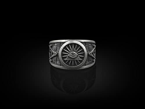 BySilverStone Jewelry - Eye Of Providence Silver Masonic Ring, 925 Sterling Silver Freemason Ring, Signet Ring, Engraved Ring, The Square and Compasses, Boss Gift