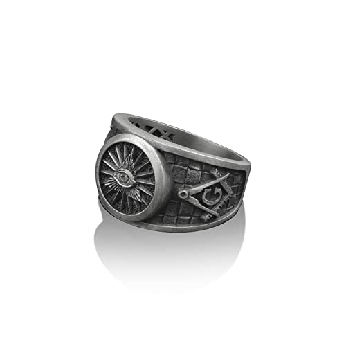 BySilverStone Jewelry - Eye Of Providence Silver Masonic Ring, 925 Sterling Silver Freemason Ring, Signet Ring, Engraved Ring, The Square and Compasses, Boss Gift