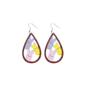 4Pairs Easter Egg Rabbit Chicken Drop Dangle Earring Set for Women Mother Friend Wooden Hollow Out Waterdrop Leopard Print Wood Earring Rainbow Easter Jewelry Gift-A waterdrop