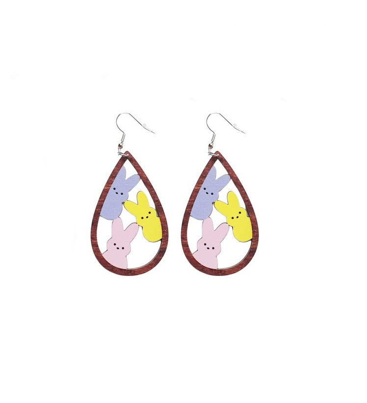 4Pairs Easter Egg Rabbit Chicken Drop Dangle Earring Set for Women Mother Friend Wooden Hollow Out Waterdrop Leopard Print Wood Earring Rainbow Easter Jewelry Gift-A waterdrop