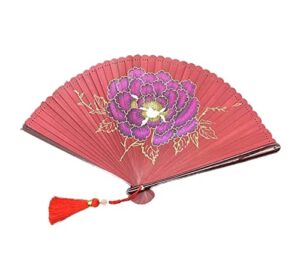 chinese fan hand held folding fans with classic tassels summer gift fan peony flower pattern fan decorative fans japanese fan (color : rojo, size : 18.5 * 32cm)