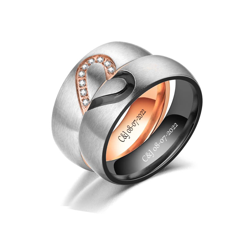 Personalized Matching Heart Promise Rings for Couples Stainless Steel Custom Engraved Couples Rings for Him and Her Set Black Wedding Ring Set His Hers Couples Matching Rings Half Heart Rings Stainless Steel Size 5-13 with Box (Rose Gold)