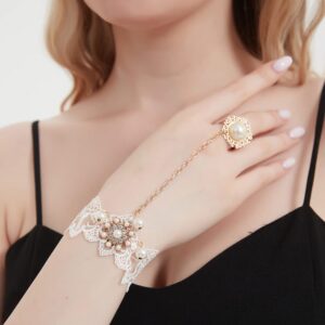 Asphire Retro Lace Slave Bracelet with Finger Ring Vintage Pearl Tassel Ring Chain Bracelet Lolita Costume Party Festival Rose Hand Accessories for Women (Style 5)