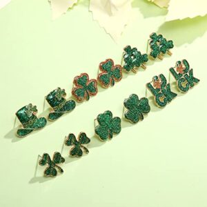 6/9Pairs St.Patrick's Day Stud Earrings for Women Glitter Shamrock Earrings Irish Green Leaf Hat Letter Luck Stud Earrings St.Patrick's Day Accessory Irish Jewelry Gifts (6 Pairs)