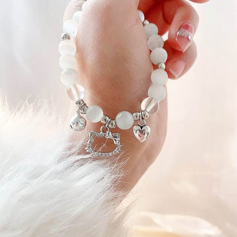 Kawaii Kitty Bracelet Y2k Gyaru Cute Moonstone Cat Friendship Bracelets Elastic Beaded BFF Bracelets for Women (1PC)