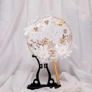 Chinese Traditional Bride Lace Flower Fan Vintage Round Hand-held Birds Fan Wedding Photography Props Accessorie (3-Pack)