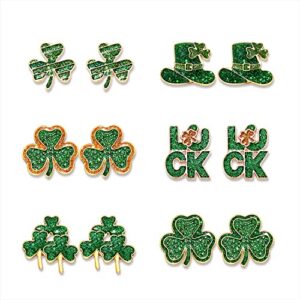 6/9Pairs St.Patrick's Day Stud Earrings for Women Glitter Shamrock Earrings Irish Green Leaf Hat Letter Luck Stud Earrings St.Patrick's Day Accessory Irish Jewelry Gifts (6 Pairs)