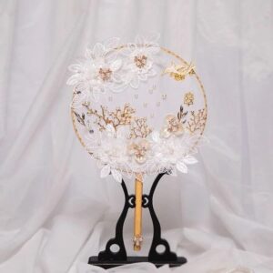 Chinese Traditional Bride Lace Flower Fan Vintage Round Hand-held Birds Fan Wedding Photography Props Accessorie (3-Pack)