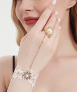 asphire retro lace slave bracelet with finger ring vintage pearl tassel ring chain bracelet lolita costume party festival rose hand accessories for women (style 5)