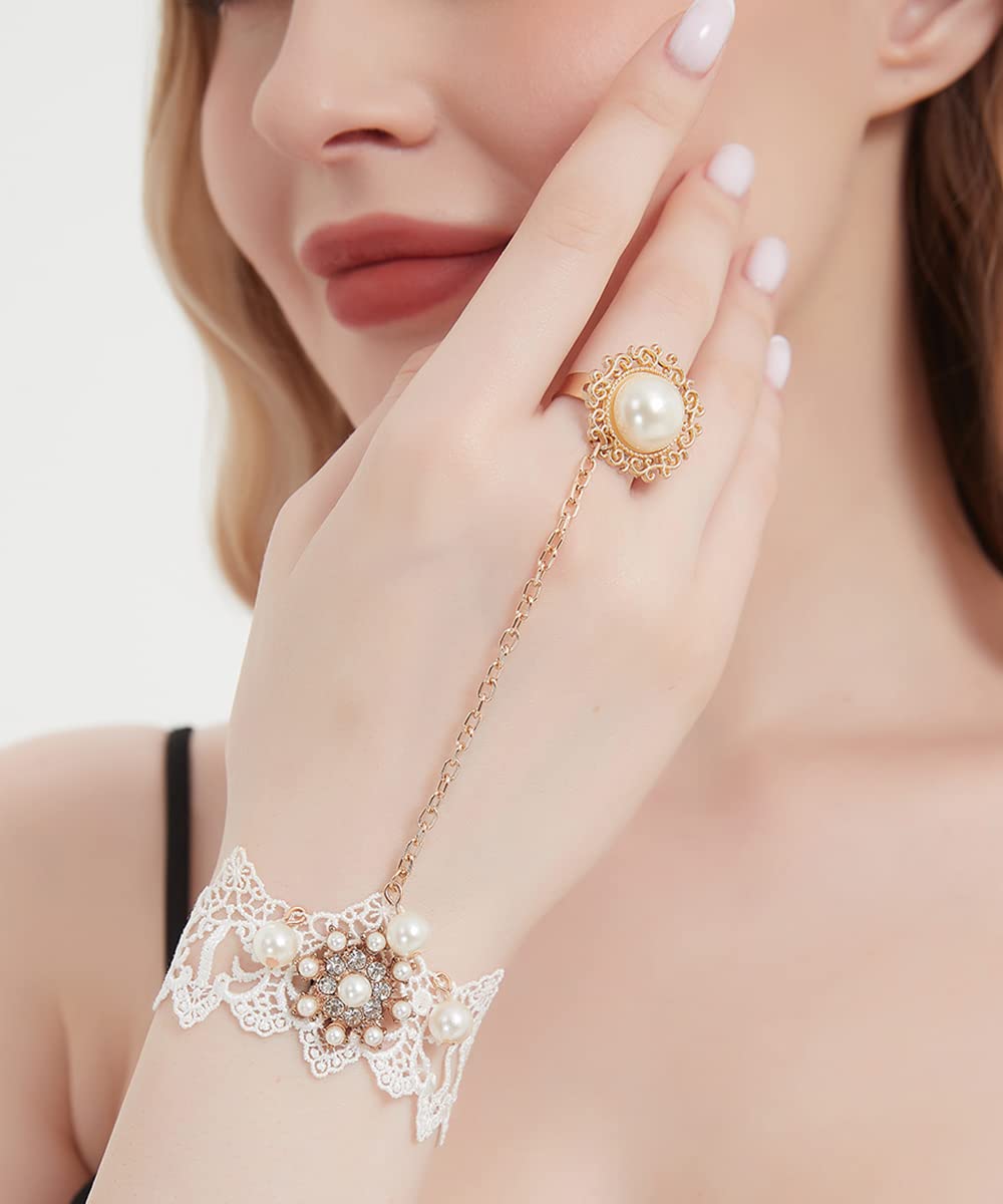 Asphire Retro Lace Slave Bracelet with Finger Ring Vintage Pearl Tassel Ring Chain Bracelet Lolita Costume Party Festival Rose Hand Accessories for Women (Style 5)