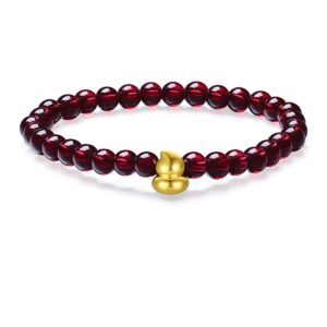 ZHOU LIU FU 24K Solid Gold Bracelet for Women, Real Pure Gold Jewelry Gourd Garnet Beaded Bracelet for Men Girlfriend