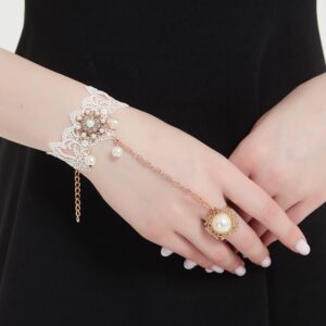 Asphire Retro Lace Slave Bracelet with Finger Ring Vintage Pearl Tassel Ring Chain Bracelet Lolita Costume Party Festival Rose Hand Accessories for Women (Style 5)