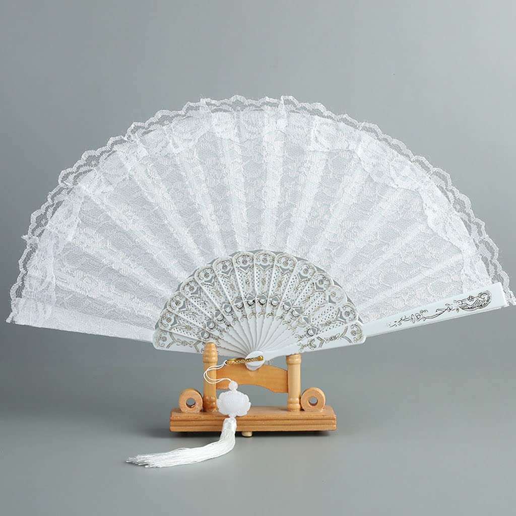 White Lace Folding Fan Double-Layered Plastic Wedding Party Home Decorative Fan Ancient Bride Hand Fan (Size : Argento)