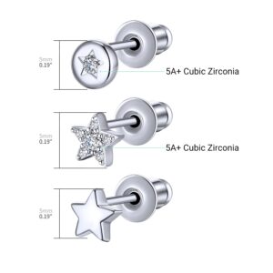 3 Pairs Star Stud Earrings for Women and Men，14K Gold Plated Dainty Tiny Hypoallergenic Cartilage Cubic Zirconia Earrings Set (White Gold)