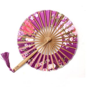 classic cherry flower blossom hand fan surface folding round circle fan wedding party favors gift (argento,26 * 32.5cm)