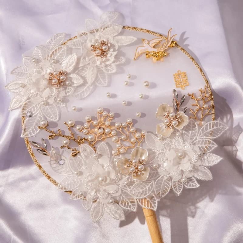 Chinese Traditional Bride Lace Flower Fan Vintage Round Hand-held Birds Fan Wedding Photography Props Accessorie (3-Pack)