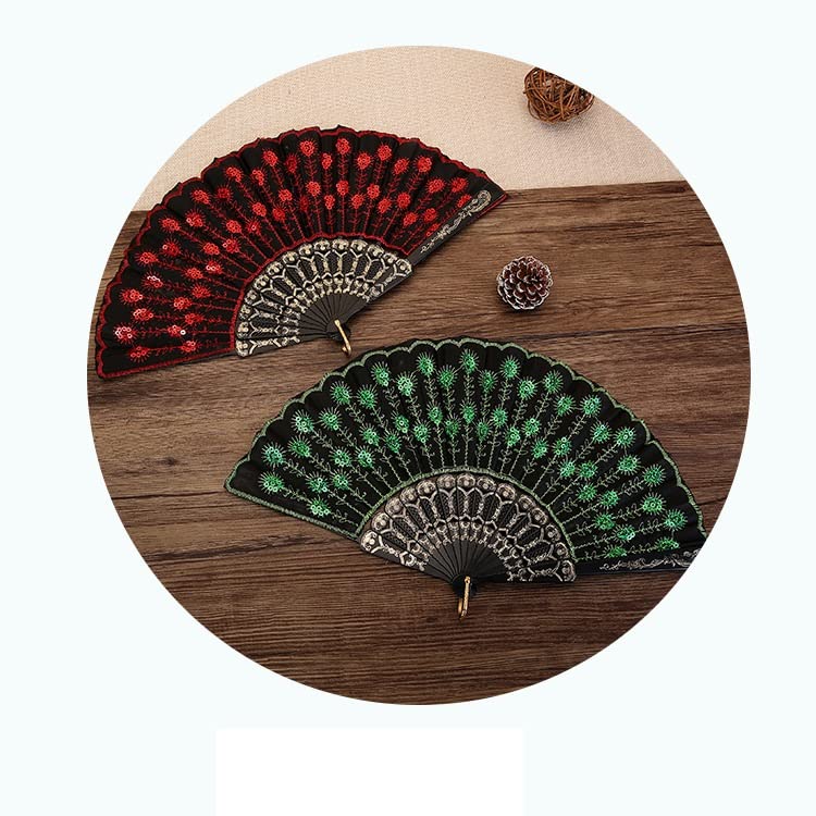 Embroidery Sequins Folding Fan Hand Fan Dance Hand Fan Home Decoration Embroidery Fan (Argento,41cm)