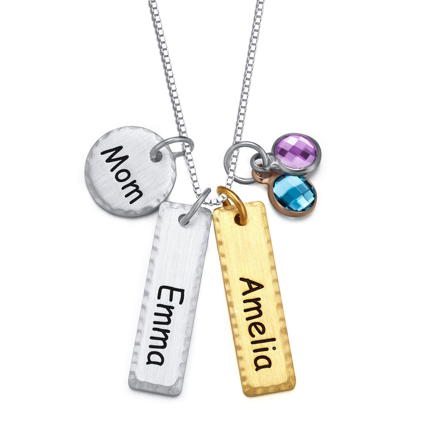 MeMeDIY Personalized Names Bar Necklace 925 Sterling Silver Custom Text Pendant For Mom/Granddaughter/Women Handmade Hammered Edge Jewelry with Birthstone Charms Mothers Day Gift(E2:2Tag+Round tag)