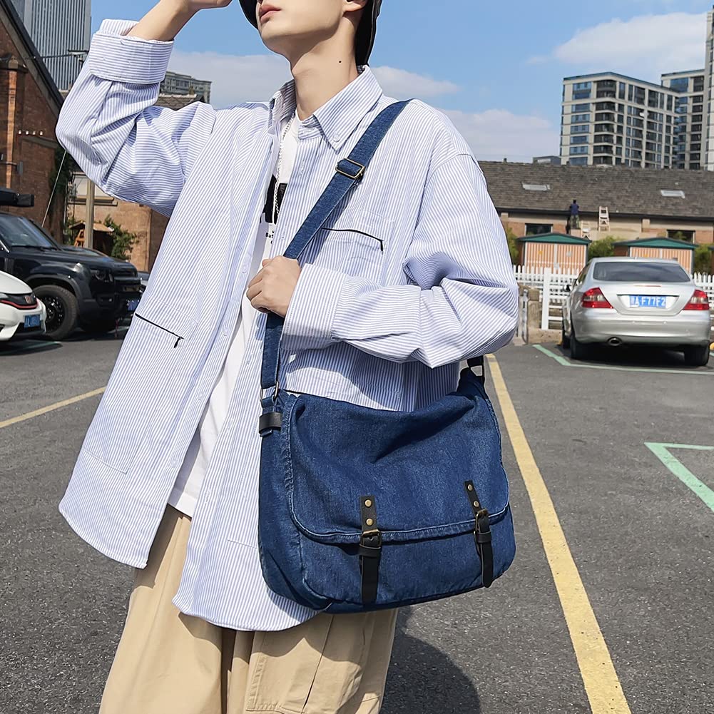 Canvas Messenger Bag Denim Shoulder Bag Hobo Tote Bag Casual Retro Crossbody Bag Large Capacity for Women and Men