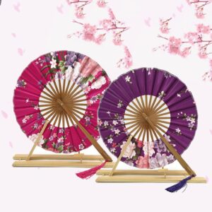 Classic Cherry Flower Blossom Hand Fan Surface Folding Round Circle Fan Wedding Party Favors Gift (Argento,26 * 32.5cm)