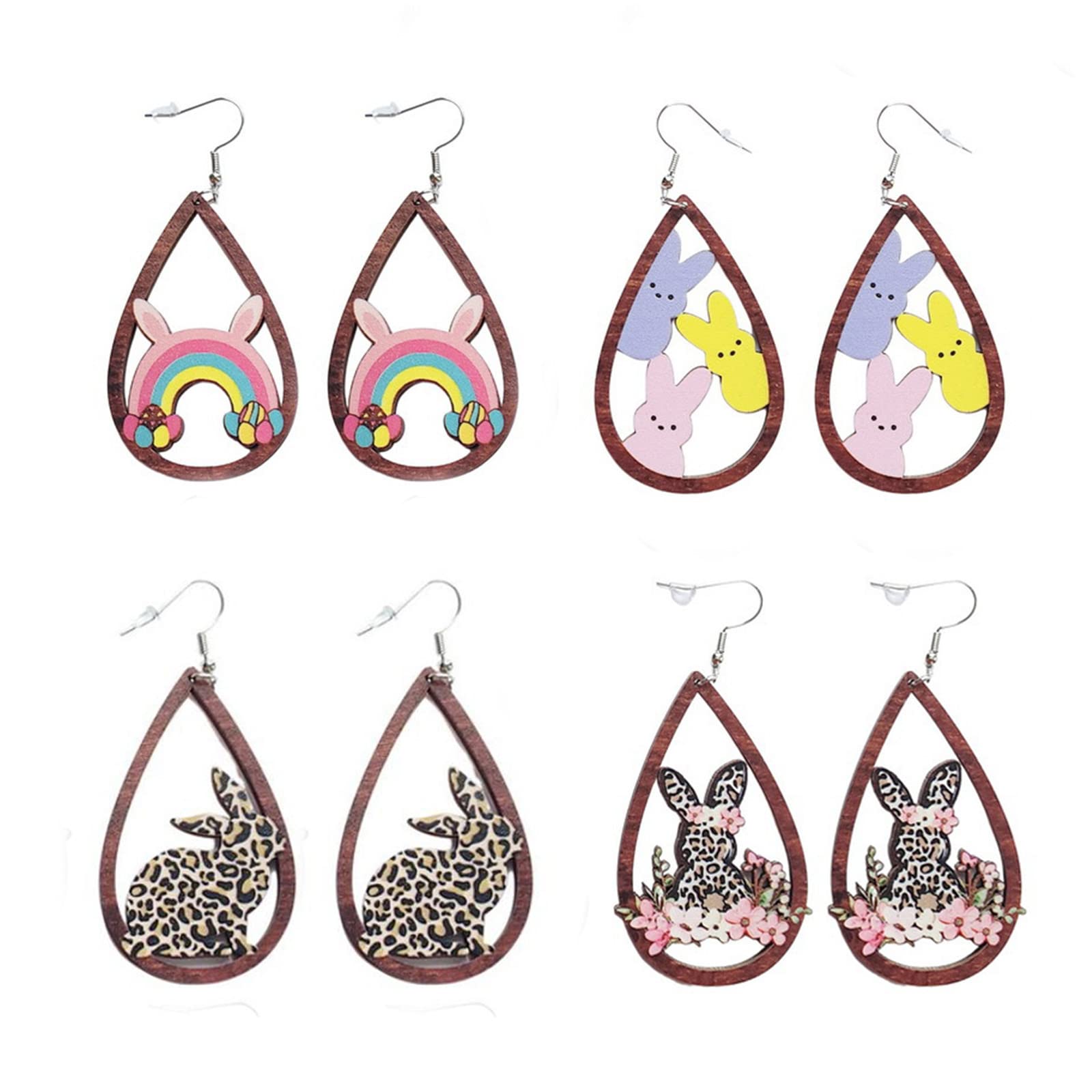 4Pairs Easter Egg Rabbit Chicken Drop Dangle Earring Set for Women Mother Friend Wooden Hollow Out Waterdrop Leopard Print Wood Earring Rainbow Easter Jewelry Gift-A waterdrop